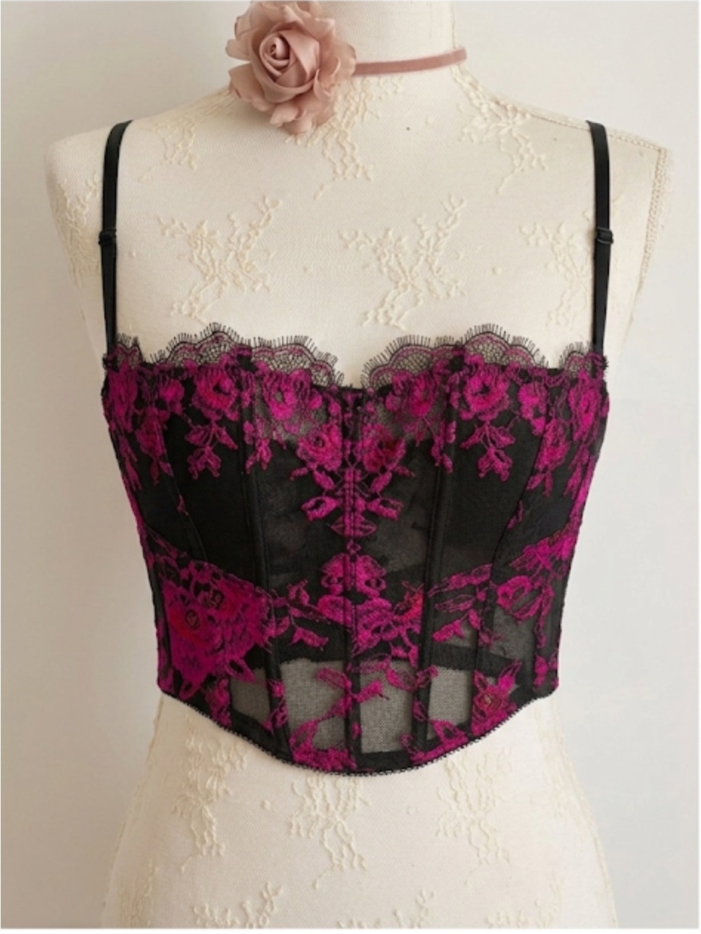 Y2K Victoria’s Secret Lace Corset Top M‑DD | Coquette Boudoir Floral Pink Black